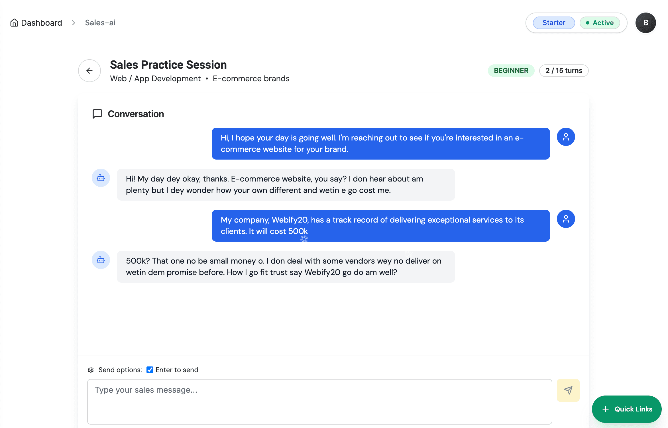 AI Sales Practice Interface - Interactive conversation with AI prospects