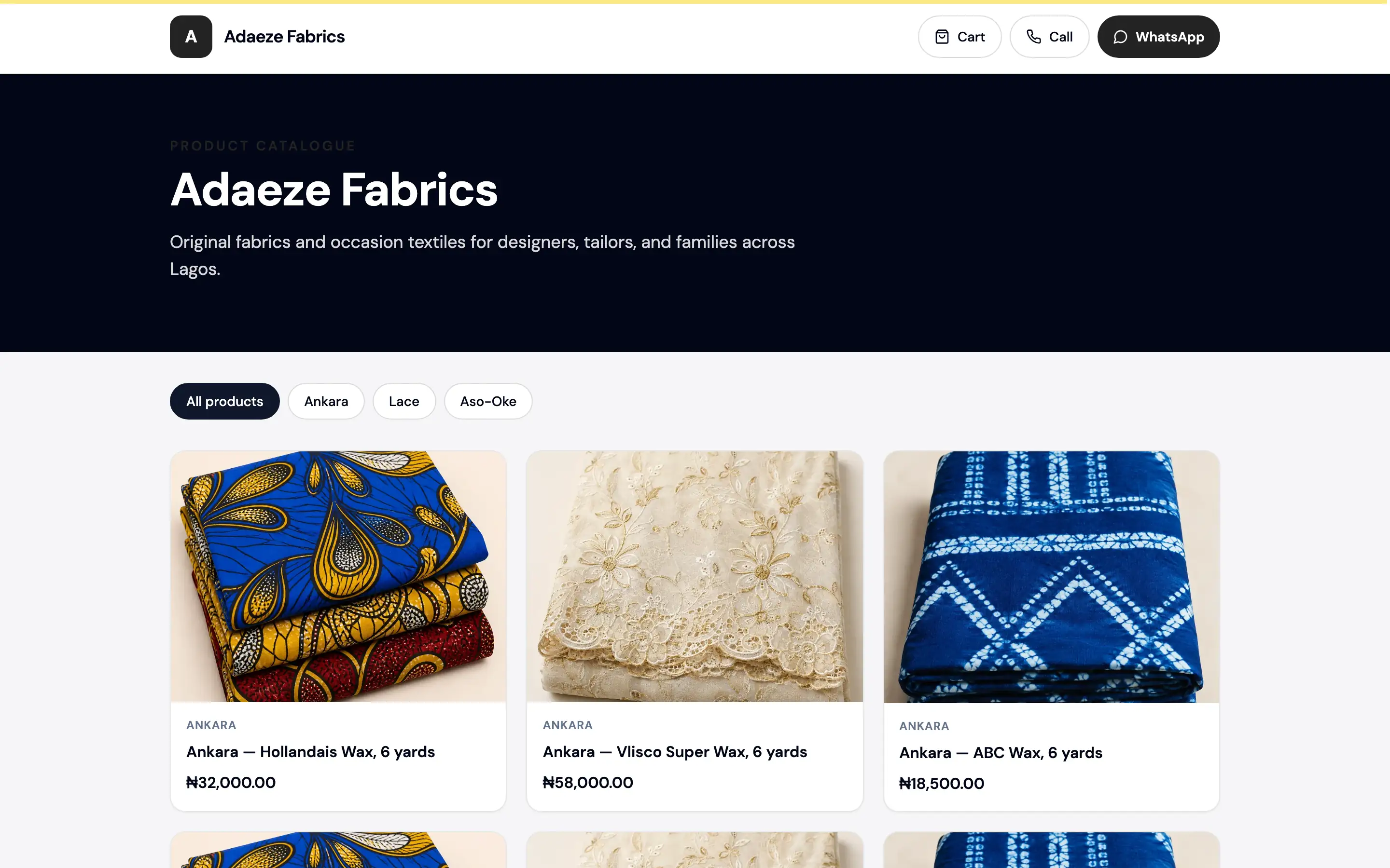 Adaeze Fabrics online store with product categories, fabric photos and prices in Naira